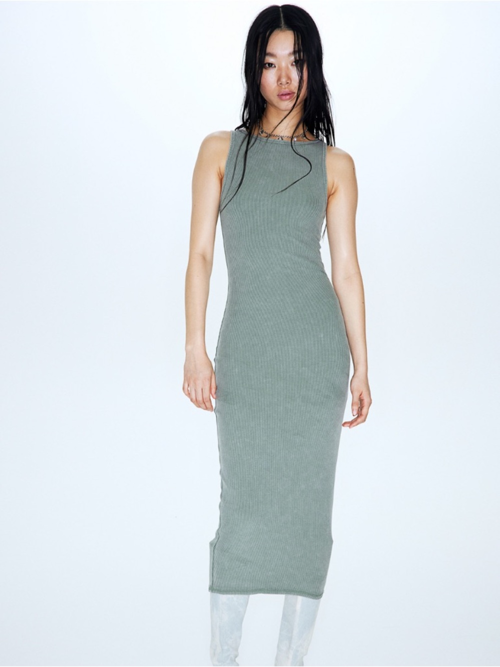 Hudson North Sleeveless Ribbed Tank Style Midi Dress in Sage Green